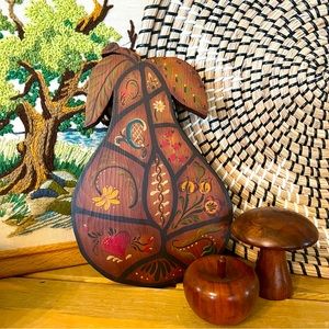 Vintage Hand Painted Scandinavian Dutch Style Wood Pear Wall Decor 10” tall 6.5”